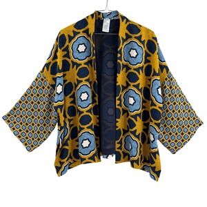 Chico's Geometric Kimono Jacket Mustard Blue Boho Open Front XL